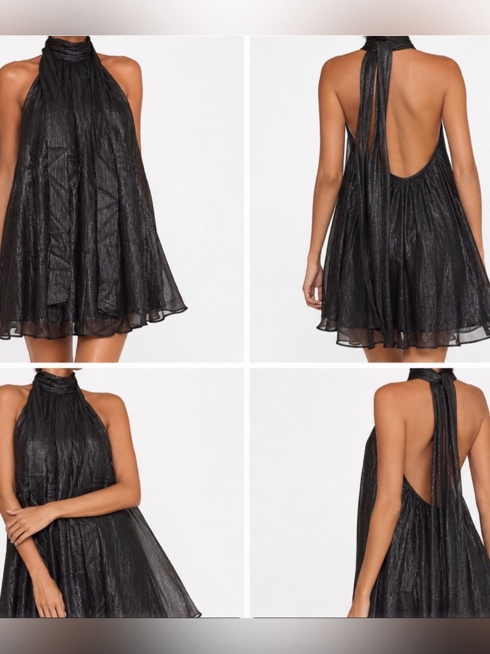 Black Shimmer Halter Backless Swing Dress